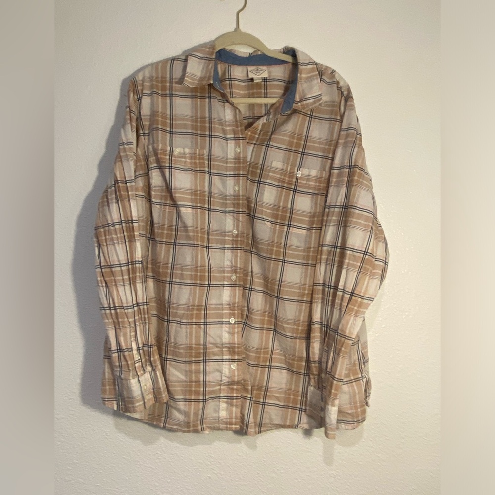 St. John's Bay Beige and Blue Plaid Button-Up Shirt